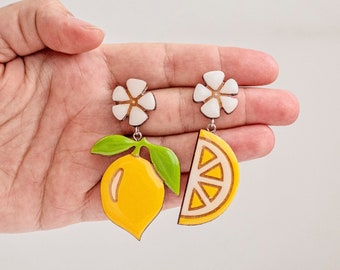 Mismatched yellow lemon fruit earrings, Modern summer clip on earrings for non pierced ears, Earrings for mom, Hand made mothers day jewelry