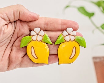 Big lemon fruit stud earrings, Nature earrings with clip on for non pierced ears, Modern yellow earrings for mom, Hand made trendy earrings