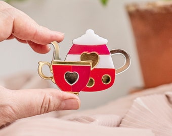 Tea pot and tea cup acrylic colorful handmade brooch, Tea party gifts, Gift for girlfriend lapel pin, Romantic gifts, Galentines day gifts