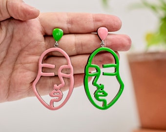 Mismatched statement face earrings in pink and green, Trendy artsy clip on earrings, Modern earrings, Unique summer earrings