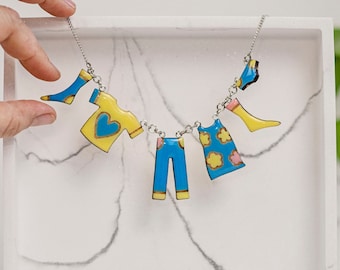 Cute blue and yellow dress socks and pants necklace, Unique charm necklace, Short handmade necklace, Summer necklace, One of a kind