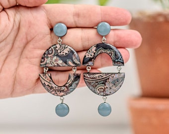 Big circle earrings with blue paisley pattern gift ideas for women, Mismatched dangle earrings with clip on, Best gifts for her