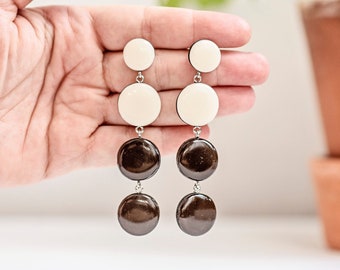 Statement long circle earrings in beige and brown, Dangle geometric earrings with clip on, Unique mom birthday gift from kids