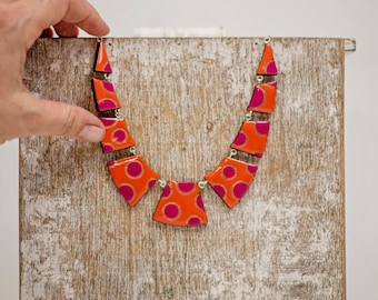 Colorful geometric bib necklace in burnt orange and pink fuchsia, Handmade statement necklace for her, Modern chunky necklace