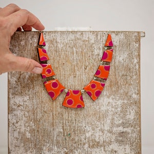 Colorful geometric bib necklace in burnt orange and pink fuchsia, Handmade statement necklace for her, Modern chunky necklace