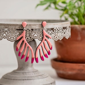 Henri Matisse large wing earrings in hot pink and magenta, Statement summer clip on earrings, Long dangle artsy earrings