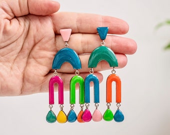 Long colorful chandelier earrings with clip on for non pierced ears, Modern mismatched earrings, Dangle statement summer earrings