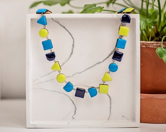 Colorful geometric necklace in blue and green, Statement summer necklace best gifts for her, Modern chunky necklace, Summer jewelry