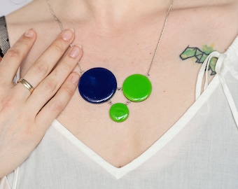 Circle geometric necklace in green and blue, Statement trendy necklace, Unique modern necklace