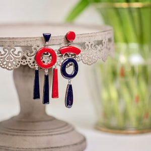 Red & Blue Long Mismatched Earrings, Dangle Clip On Earrings