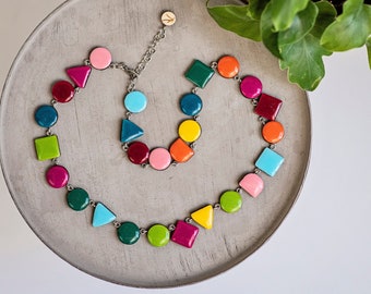 Colorful geometric bib necklace, Statement handmade necklace, Modern trendy necklace, Unique summer necklace