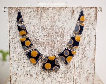 Indigo blue and mustard polka dot unique short necklace, Colorful geometric shape necklace, Chunky bib necklace
