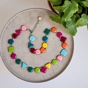 Colorful geometric bib necklace, Statement handmade necklace, Modern trendy necklace, Unique summer necklace