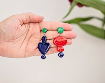 Mismatched blue and red heart shaped dangle earrings, Trending now cool heart drop earrings, Colorful clip on statement earrings