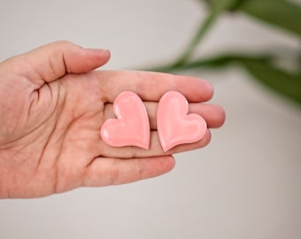 Hot pink heart shaped earrings with clip on for non pierced ears, Big heart stud earrings, Cute gift for teen girls