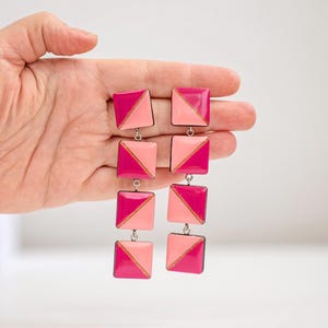 Statement geometric pink earrings, Handmade dangle clip on earrings, Unique womens earrings, Statement jewelry, Maximalist jewelry gift