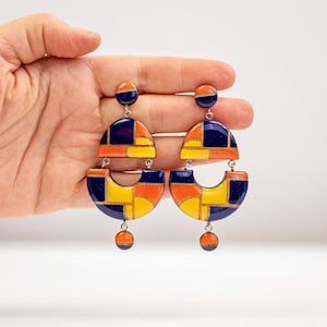 Statement colorful geometric earrings in blue and yellow, Unique handmade clip on earrings, Statement fall jewelry, Best gifts for her