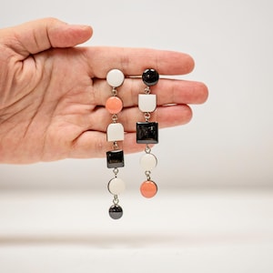 Mismatched Geometric Clip On Earrings, Black White & Pink Dangles