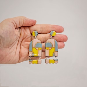 Maximalist handmade earrings, Funky geometric earrings in pale pink yellow and dove gray, Unique statement clip on earrings