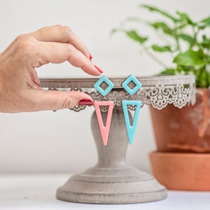 Mismatched edgy earrings in blue and pink, Dangle geometric earrings, Handmade jewelry gift ideas for women, Birthday gifts