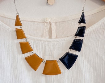 Short chunky necklace with geometric elements in indigo blue and mustard, Unique bib necklace, Modern statement necklace