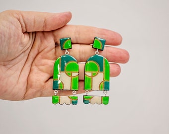 Full arch geometric earrings with green and beige pattern, Modern lightweight clip on earrings, Bold statement earrings