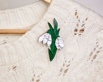 Laser cut acrylic snowdrop flower brooches for women, White and green nature jewelry gift for daughter, Sister jewelry, Daughter gift