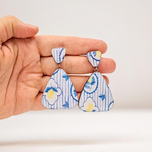 Statement handmade lemon earrings in blue and yellow, Summer geometric clip on earrings, Unique womens earrings, Оne of a kind gift for wife