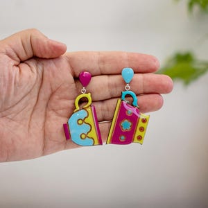 Cute dangle coffee cup earrings, Fun coffee lover handmade earrings, Unique colorful novelty earrings with clip on, Unique birthday gift