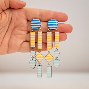 Cool statement earrings in blue and yellow, Unique geometric clip on earrings, Handmade summer earrings, Maximalist jewelry gift for wife