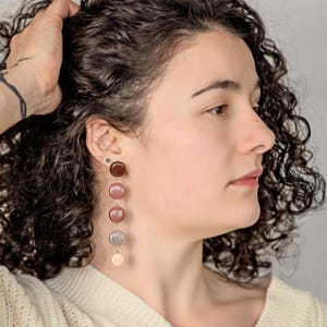 Unique handmade circle womens earrings in brown and beige, Dangle statement earrings with clip on, Unique geometric drop earrings