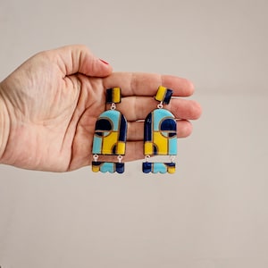Blue and yellow statement geometric clip on earrings, Unique dangle earrings, Handmade abstract earrings, Handmade maximalist jewelry