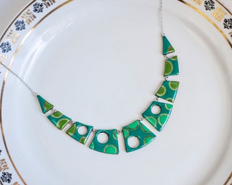 Modern bib necklace with green polka dots, Statement geometric necklace, Unique necklace for her, Chunky handmade necklace