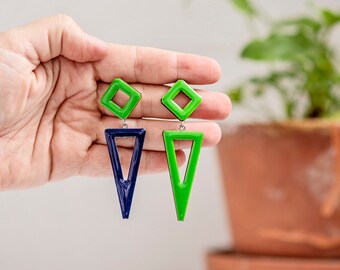 Cool mismatched triangle earrings in green and blue, Long dangle geometric earrings, Elegant summer earrings