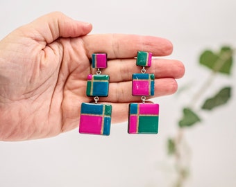 Long geometric earrings with square elements, Trendy clip on earrings for women, Statement summer earrings