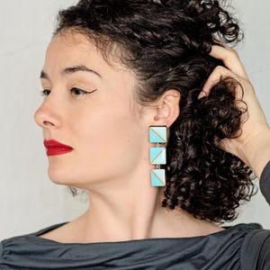Dangle statement womens earrings in blue, Handmade elegant geometric clip on earrings, Statement jewelry, Valentines day gift