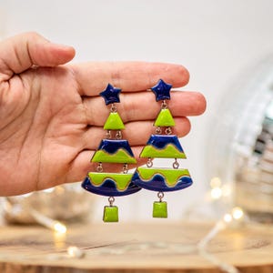 Unique dangle green and blue Christmas tree earrings, Statement handmade earrings with clip on, Winter holiday womens earrings