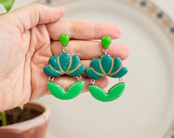 Statement green flower earrings, Big floral earrings, Dangly stud earrings