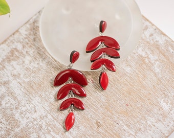 Modern long leaf earrings in light and burgundy red, Autumn earrings homemade with wood and epoxy resin