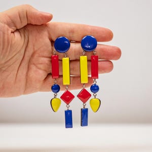 Colorful statement earrings in blue yellow and red, Unique geometric earrings with clip on, Handmade summer earrings, Maximalist jewelry