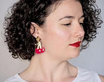 Red & Gold Cherry Dangle Earrings, Acrylic Clip On Earrings