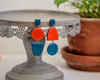 Modern statement earrings with clip on for non pierced ears, Big mismatched geometric earrings, Cool lightweight earrings