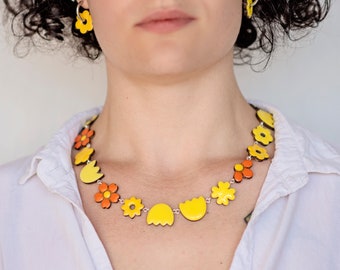 Bright yellow and orange flower necklace, Modern bib necklace, Unique handmade necklace, Trendy necklace for her