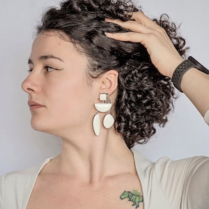 Long lightweight white dangle earrings, Bohemian summer earrings, Statement clip on geometric earrings