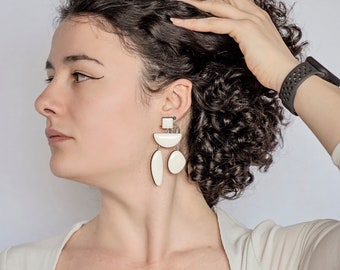 Long lightweight white dangle earrings, Bohemian summer earrings, Statement clip on geometric earrings