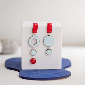 Mismatched Geometric Dangle Earrings, Blue Striped Clip-Ons