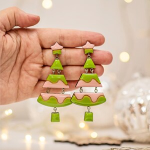 Dangle pink and green Christmas tree earrings, Statement handmade clip on earrings, Winter holiday earrings, Secret santa gifts