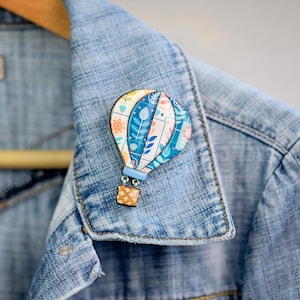 Handmade Hot Air Balloon Brooch, Blue Floral Cottagecore Pin
