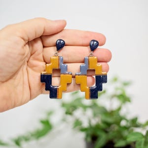 Statement geometric earrings in blue and mustard, Handmade clip on earrings, Unique fall earrings, Statement jewelry gift for wife