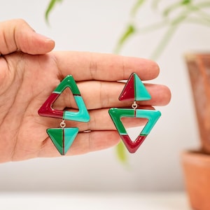 Mismatched Geometric Dangle Earrings, Red and Green Statement Jewelry